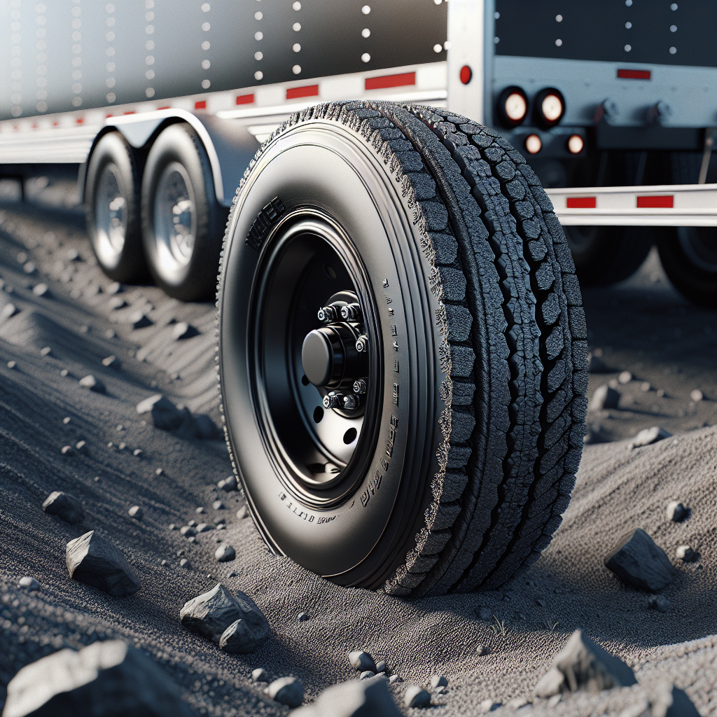 Close-up of a trailer tire on a gravel road