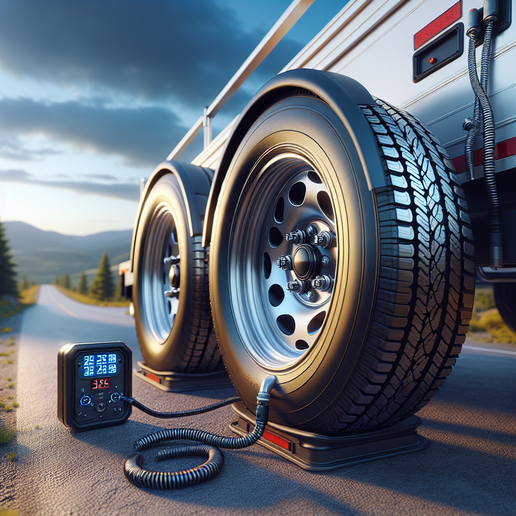 A close-up of a trailer tire with visible tread patterns, set against a clear sky and a safe road.