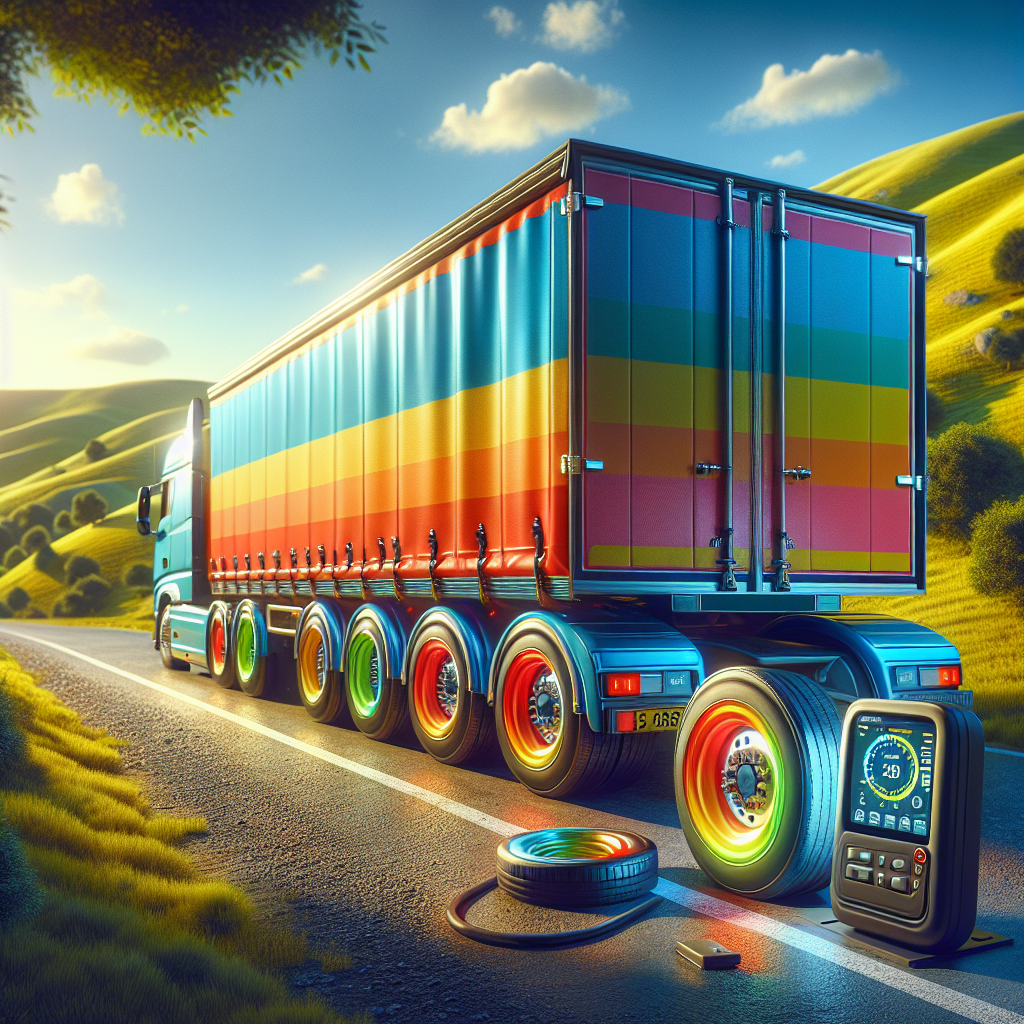 A trailer parked roadside with clearly visible tires and a digital tire pressure monitoring system.