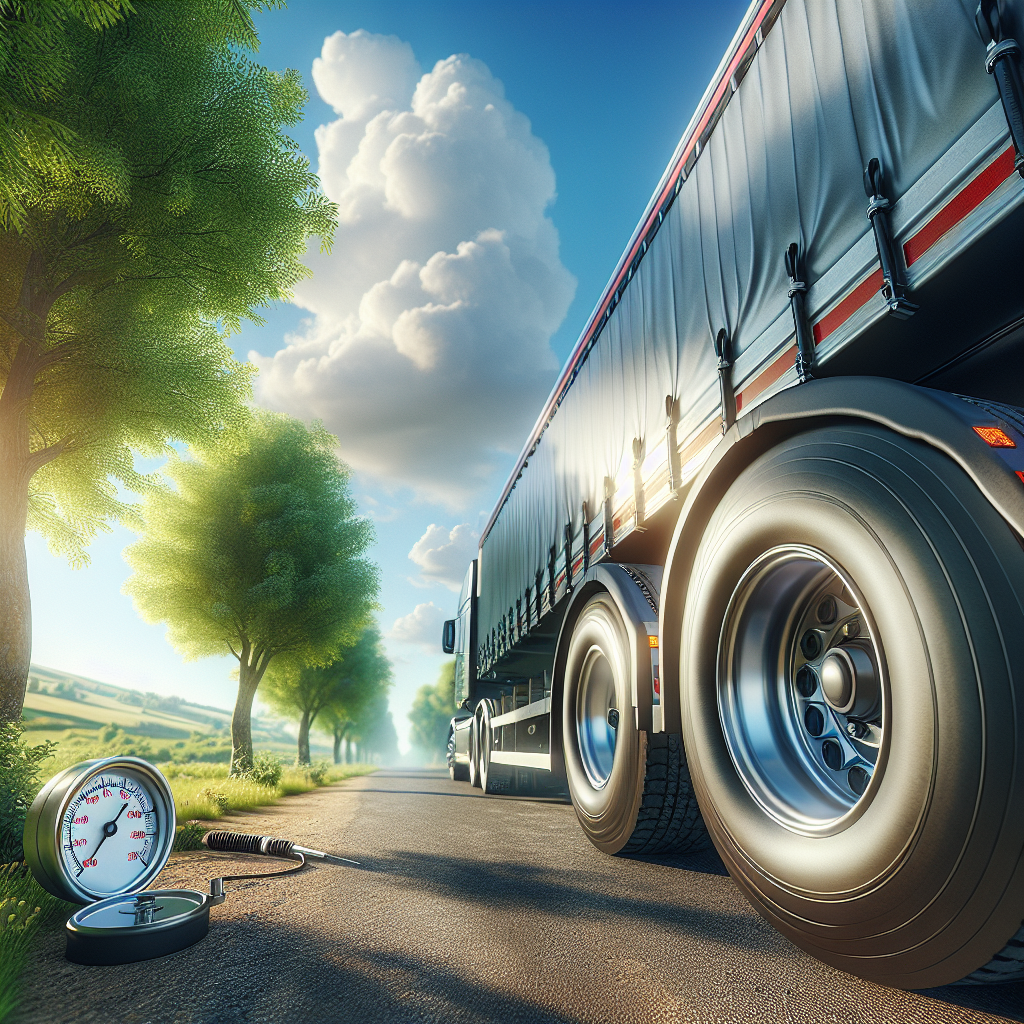 A trailer parked beside a road with a pressure gauge showing tire pressure.