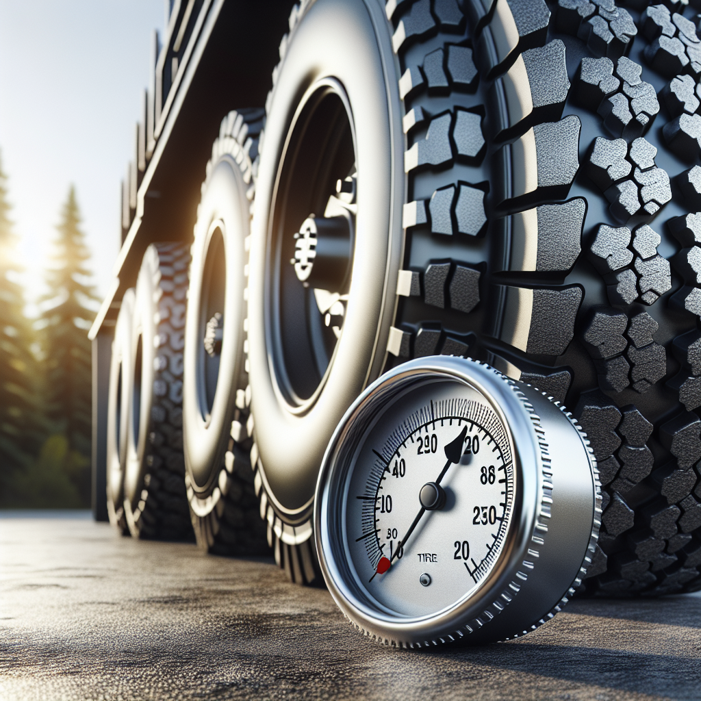 Close-up of trailer tires with a tire pressure gauge.