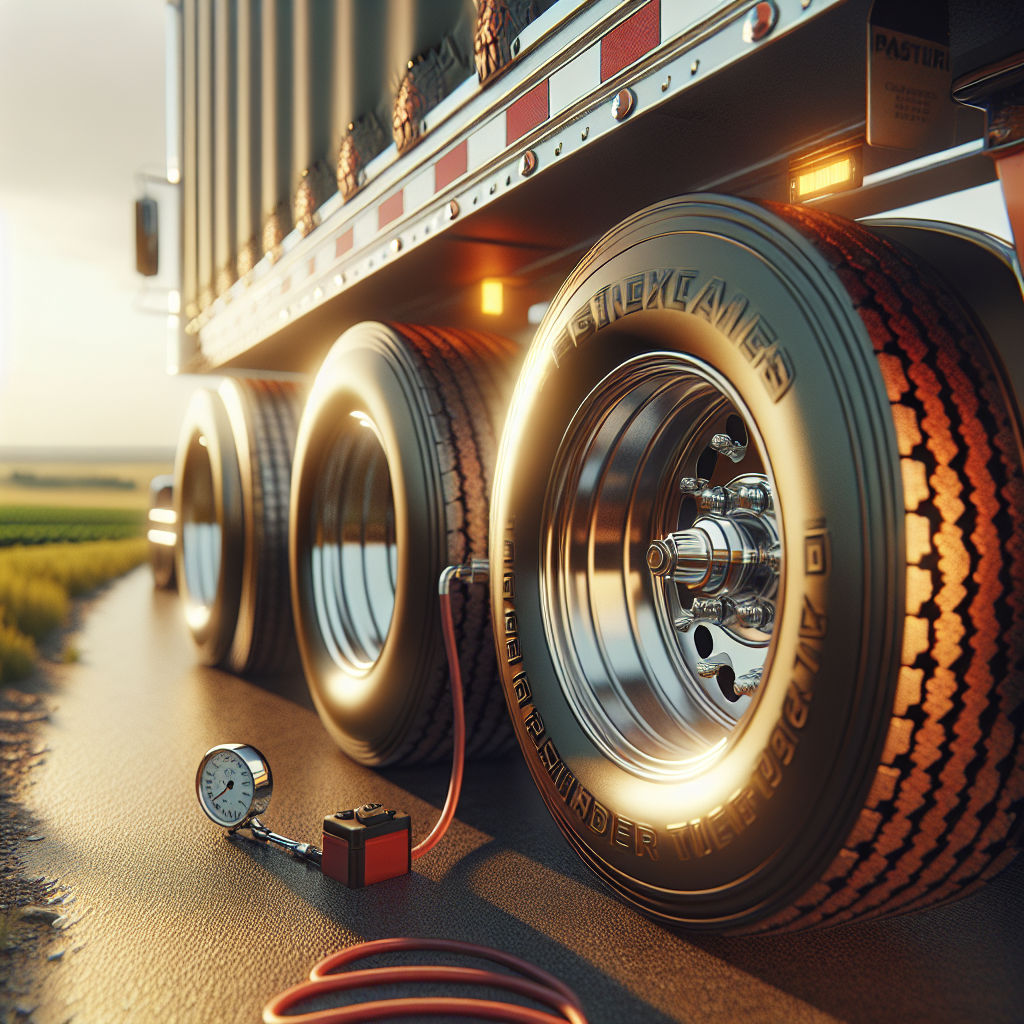 Close-up view of a trailer's tires showcasing details, with a scenic countryside background.