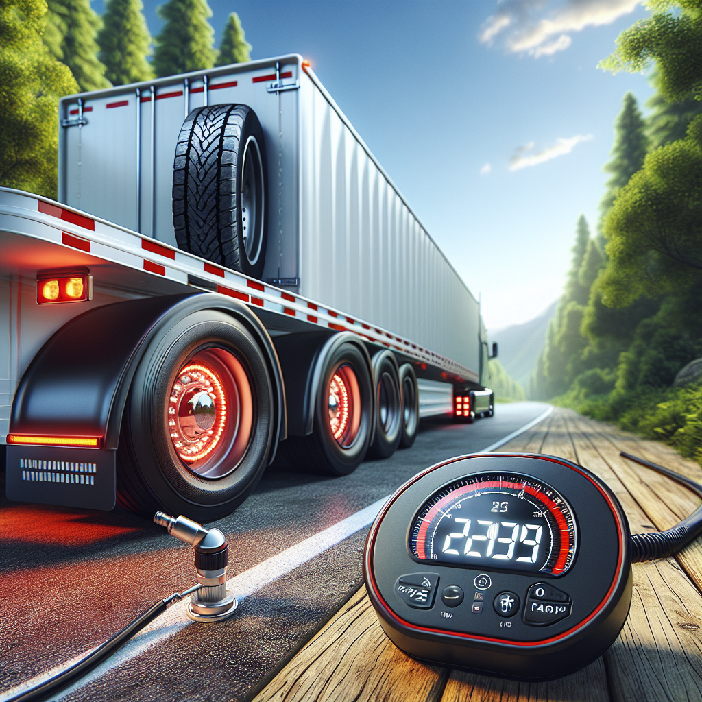 A trailer with a tire pressure monitoring system displayed next to its tires on a scenic road.