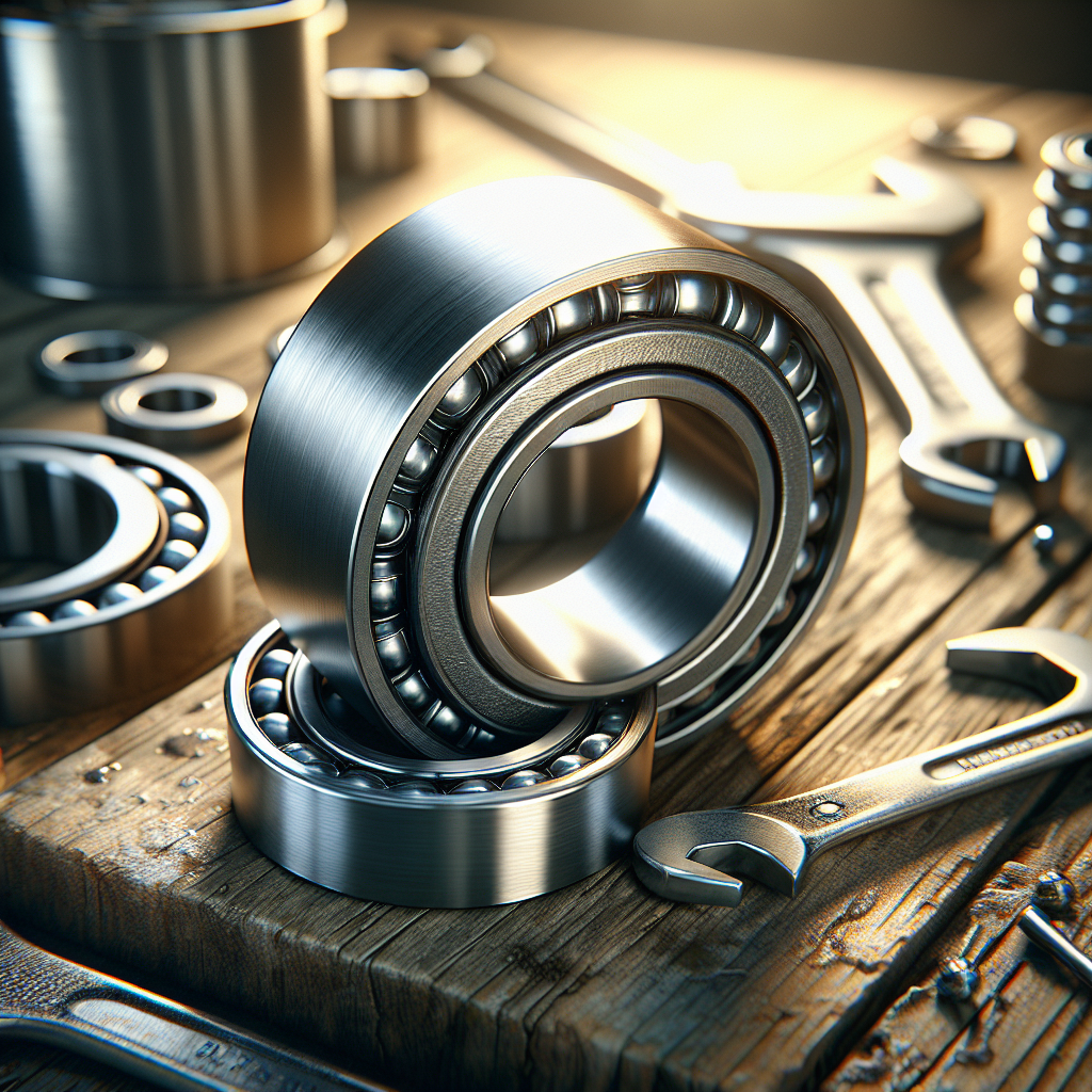 Close-up of trailer wheel bearings on a workshop bench with tools.