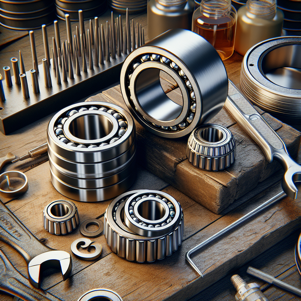 A variety of trailer bearings on a workbench with mechanic tools.
