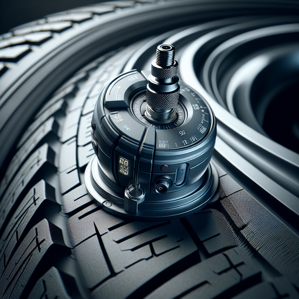 Close-up of a tire pressure monitoring sensor mounted on a tire.