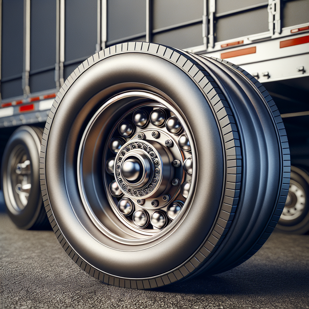 Detailed view of two trailer wheels with exposed bearings on an asphalt background.