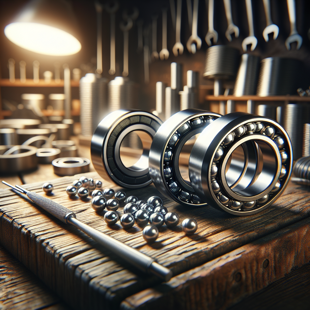 Different types of trailer bearings on a wooden workbench.