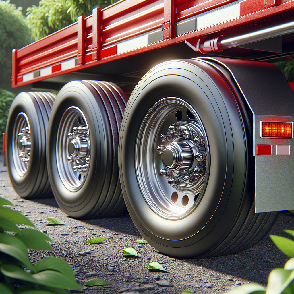 A close-up view of a trailer's wheel bearings on a gravel road with greenery.
