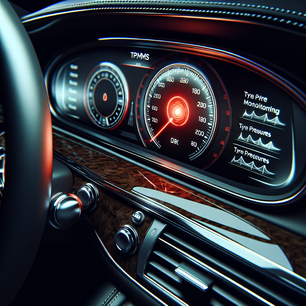 A close-up view of a car dashboard showing a TPMS warning light.