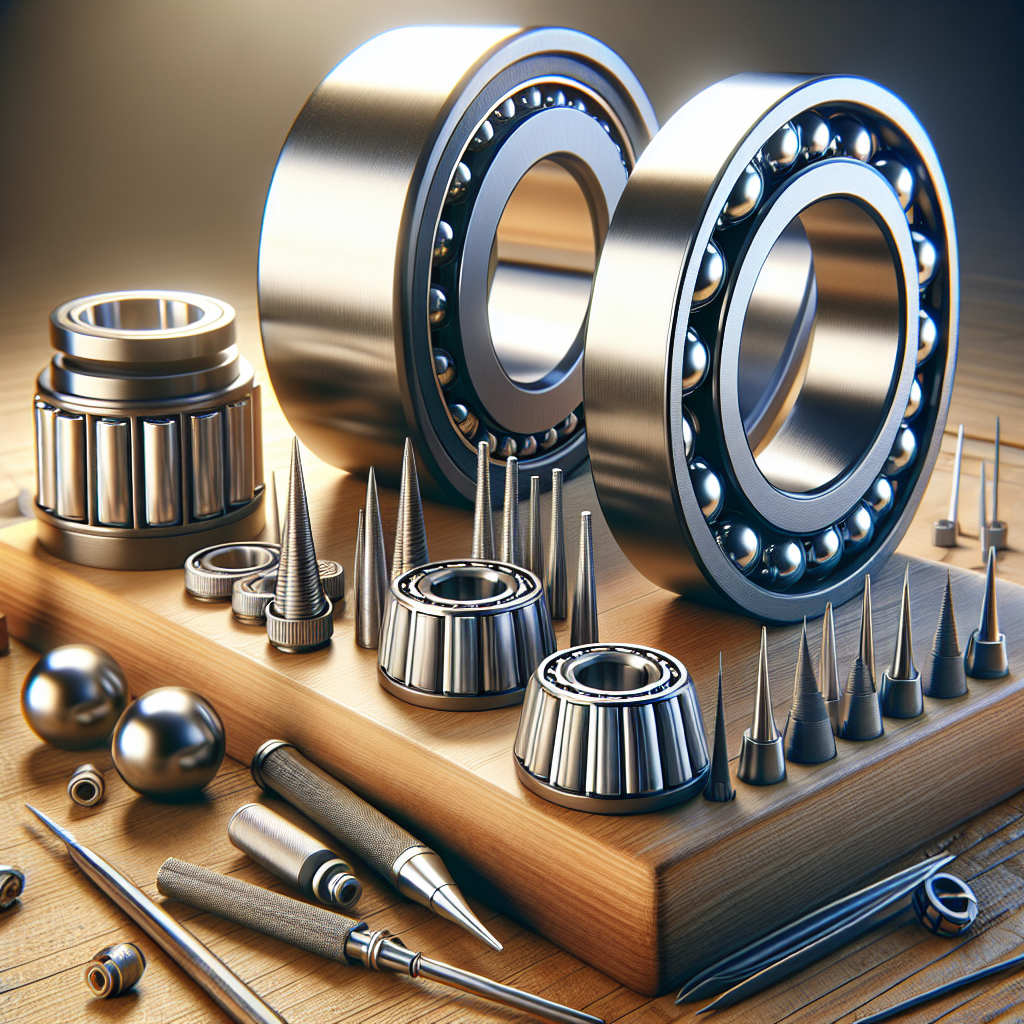 Different types of trailer bearings displayed on a wooden workbench.