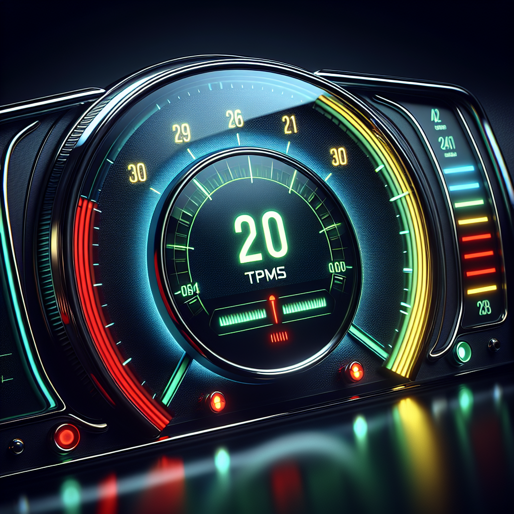 A close-up of a modern vehicle dashboard featuring a Tyre Pressure Monitoring System.