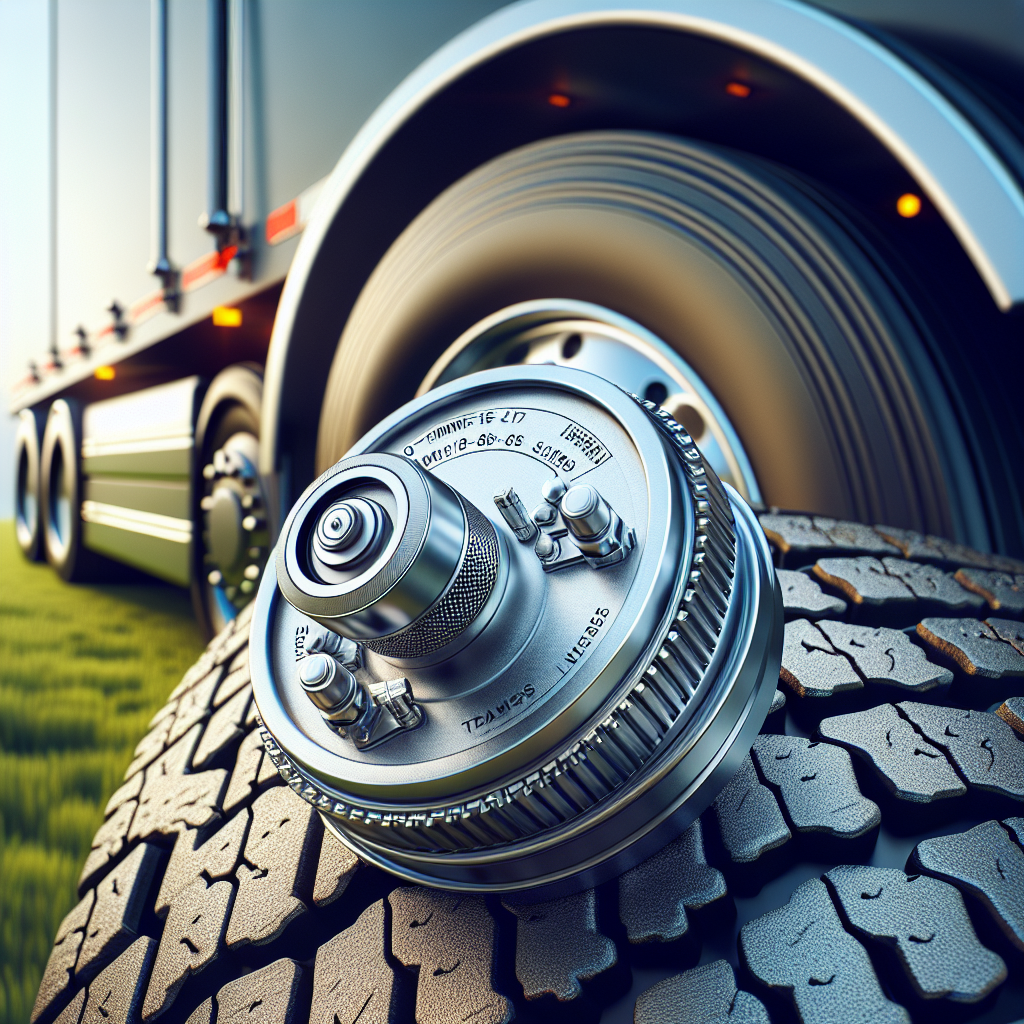A tire pressure monitoring system sensor installed on a trailer tire.
