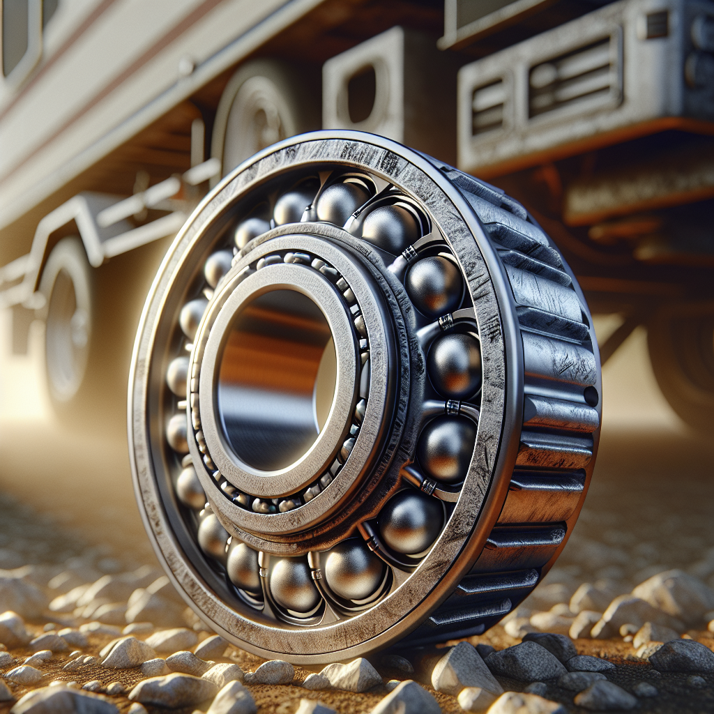 Close-up view of a trailer wheel bearing with a blurred background of a rugged trailer environment.