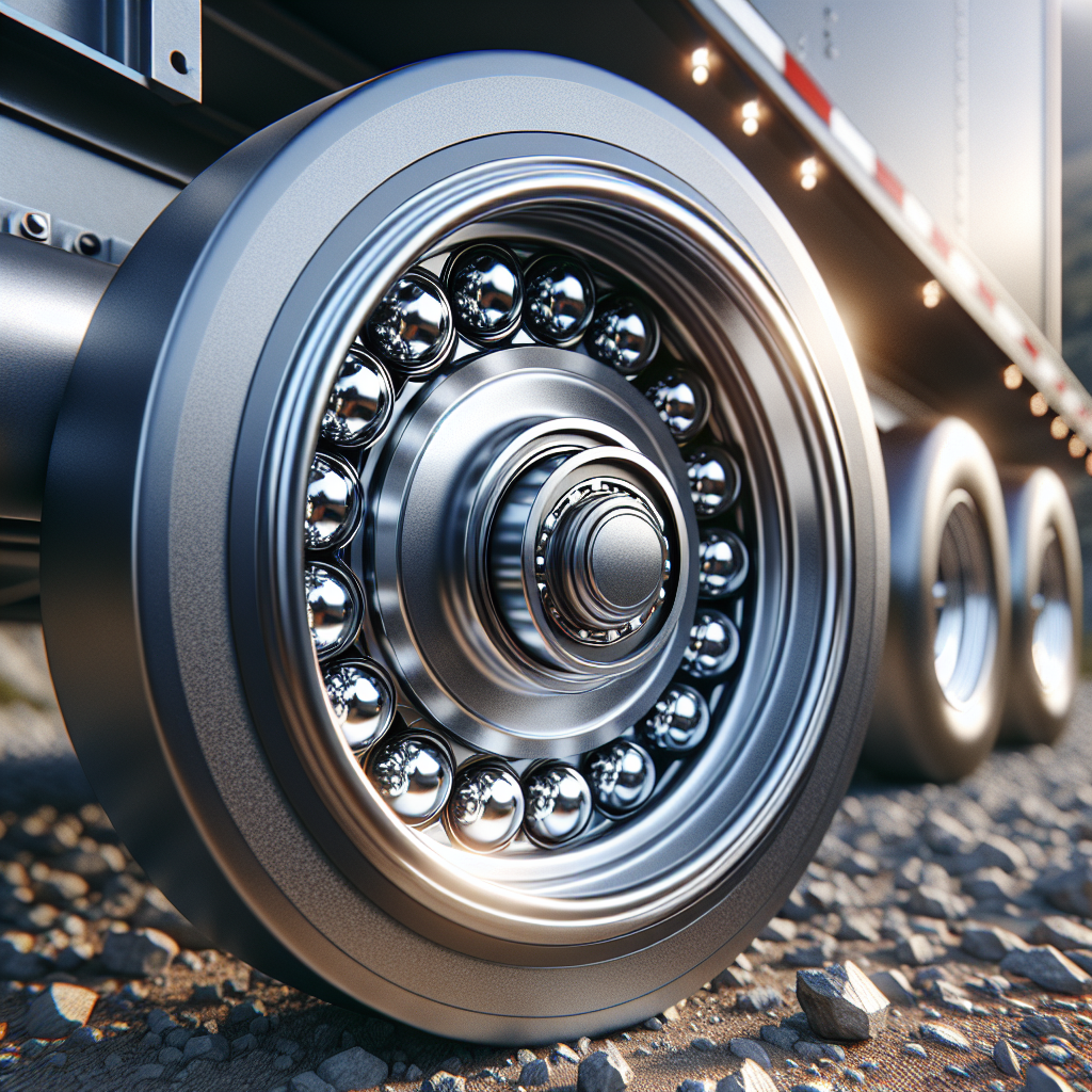A close-up of trailer bearings in a wheel assembly on a gravel road.
