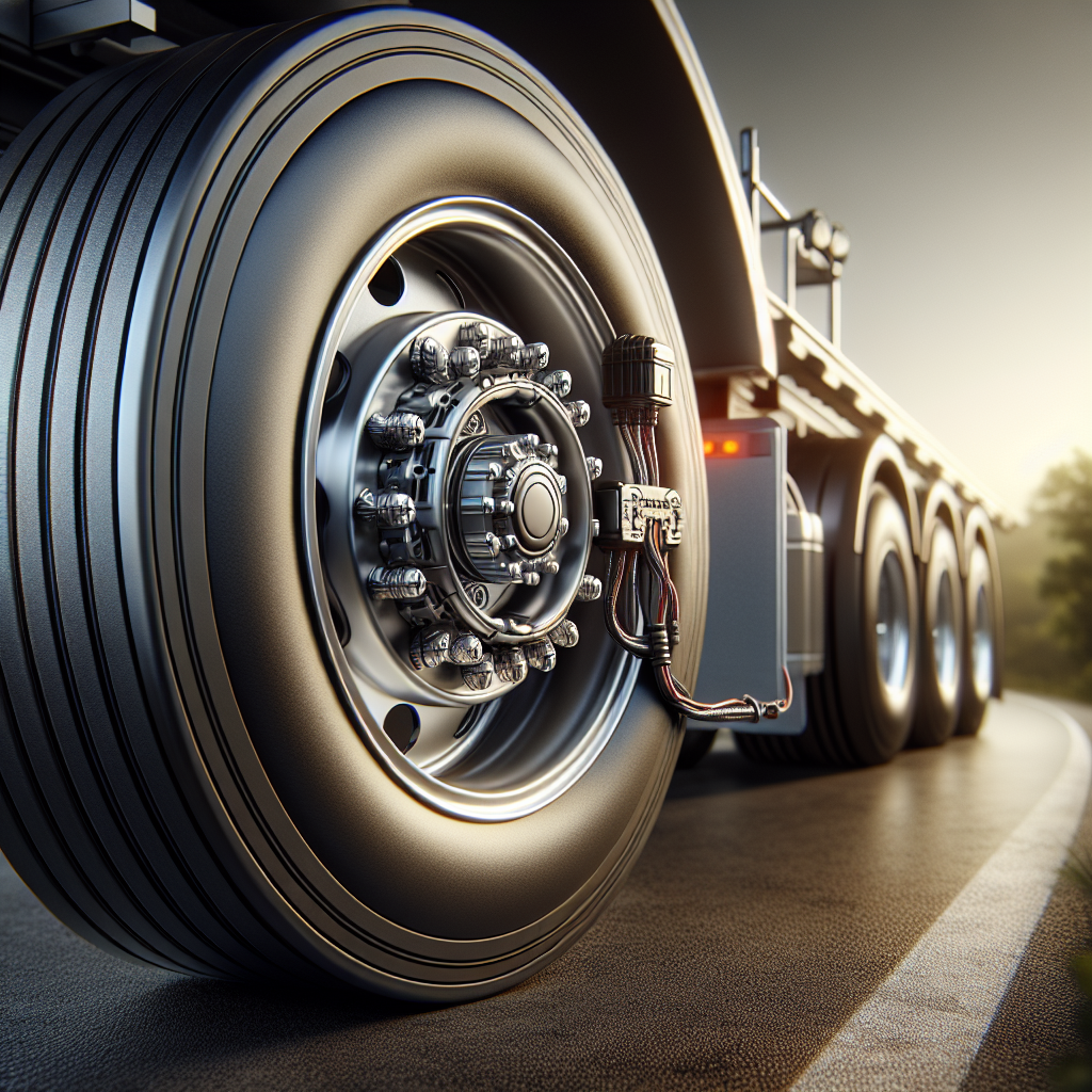 A close-up of a tire pressure monitoring system sensor installed on a trailer wheel.