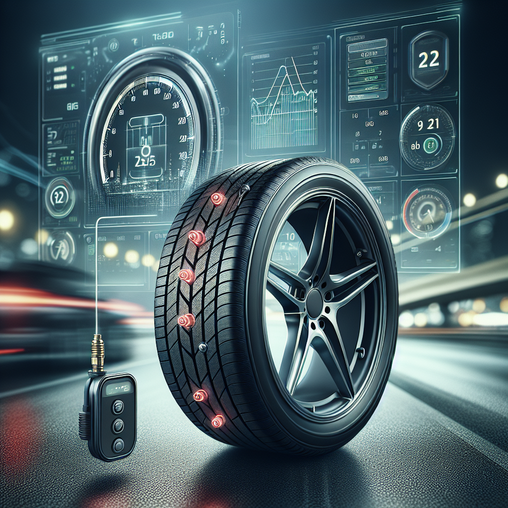 A modern Tyre Pressure Monitoring System (TPMS) display with a tire showing sensors.
