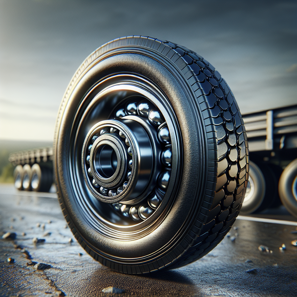 A close-up of a trailer wheel and its bearings, focusing on the detailed wheel assembly.