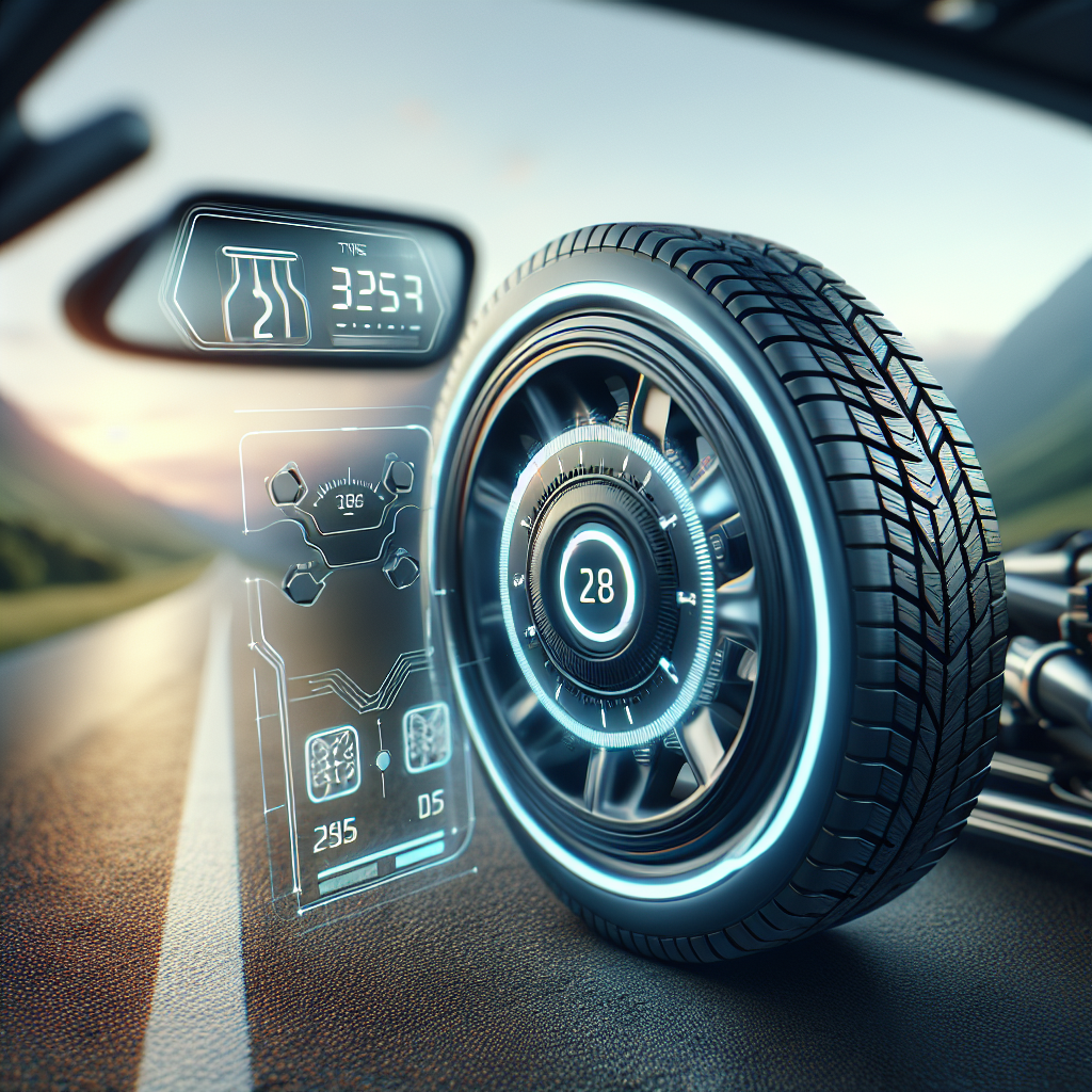 Close-up view of a vehicle's dashboard with tire pressure readings and a rugged tire equipped with a TPMS sensor.