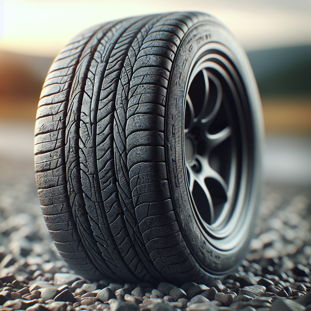 Close-up of a worn car tire showcasing uneven tread depth and damage.