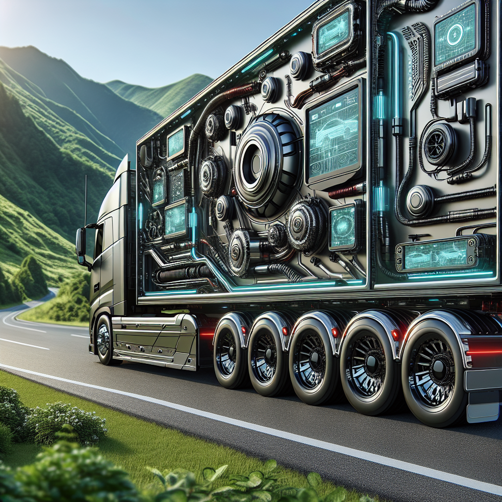 A trailer equipped with advanced safety devices parked on a scenic highway.