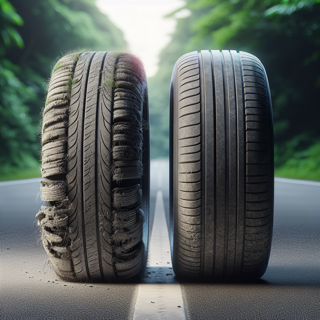 Close-up view of worn car tyres showing uneven wear patterns and road condition.