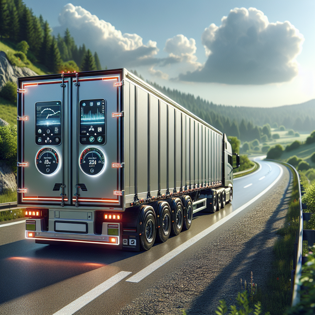 A trailer with advanced safety devices on a scenic highway.