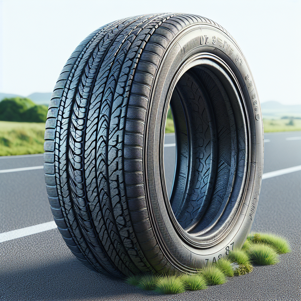 A detailed image of a worn car tyre on an asphalt road.
