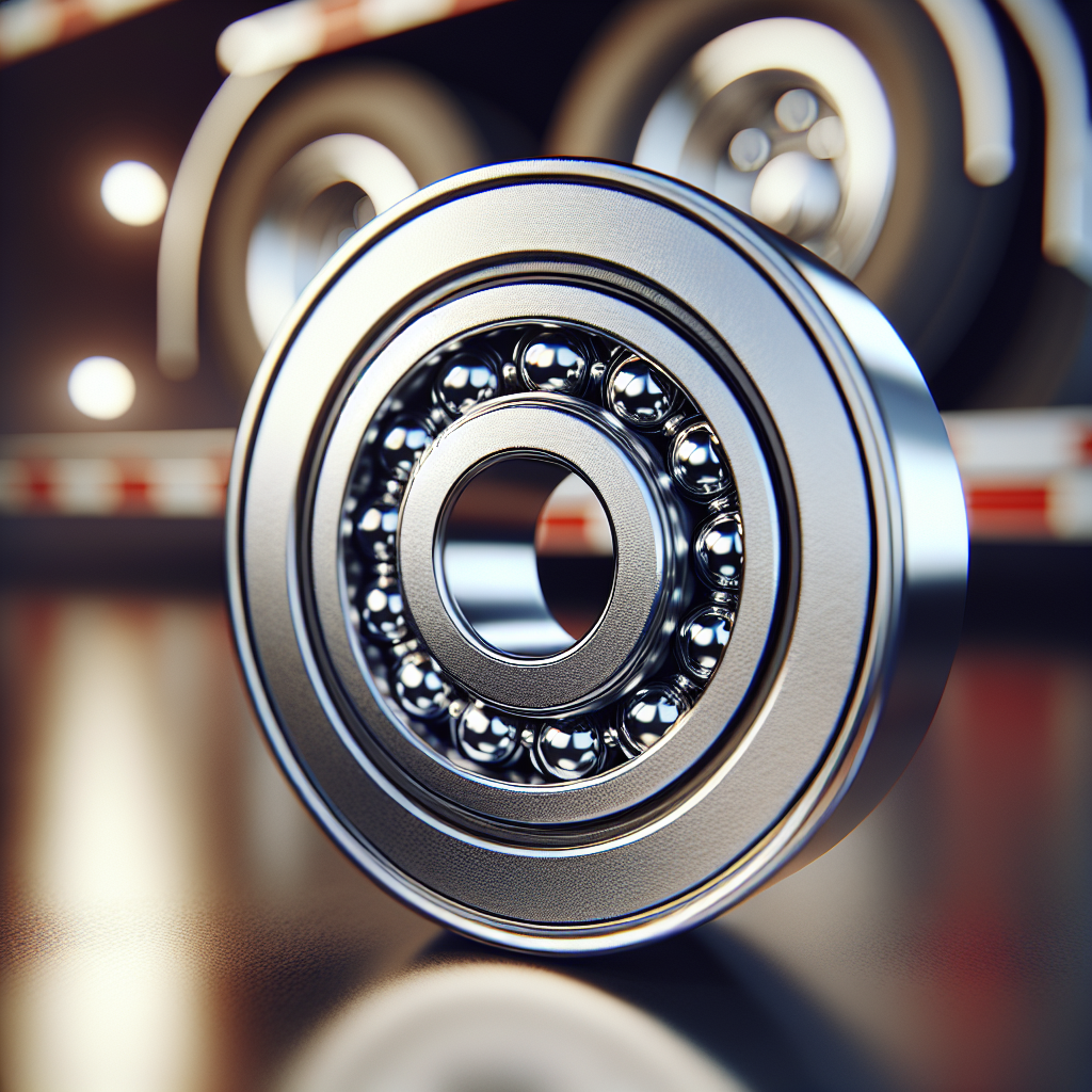 Close-up view of a metallic wheel bearing with ball bearings, blurred background of a trailer wheel.