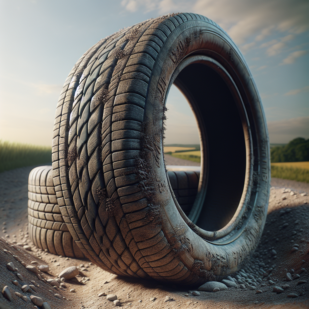 Worn car tyres on a gravel road showing uneven wear and visible damage.