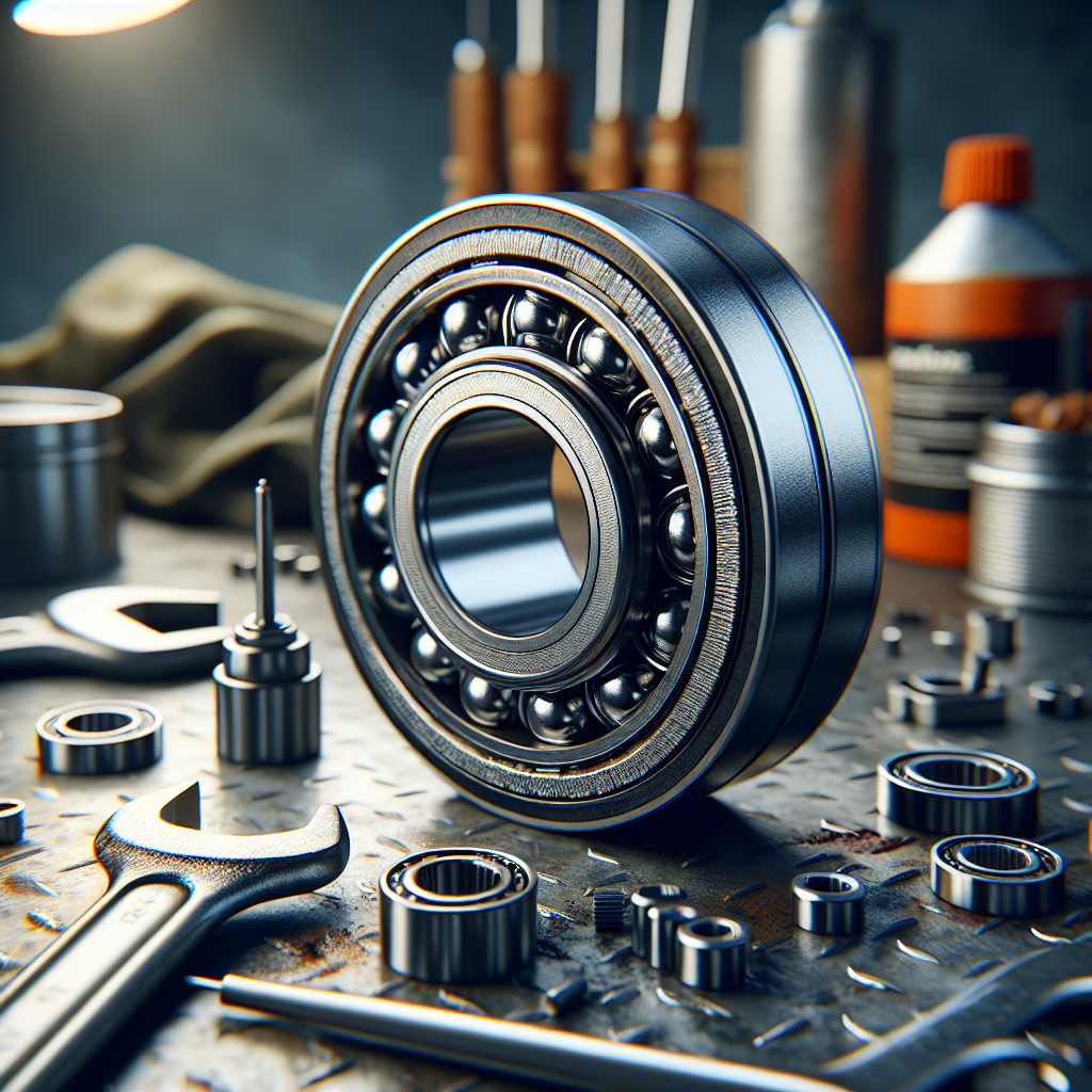 A close-up of a wheel bearing on a workbench with tools.
