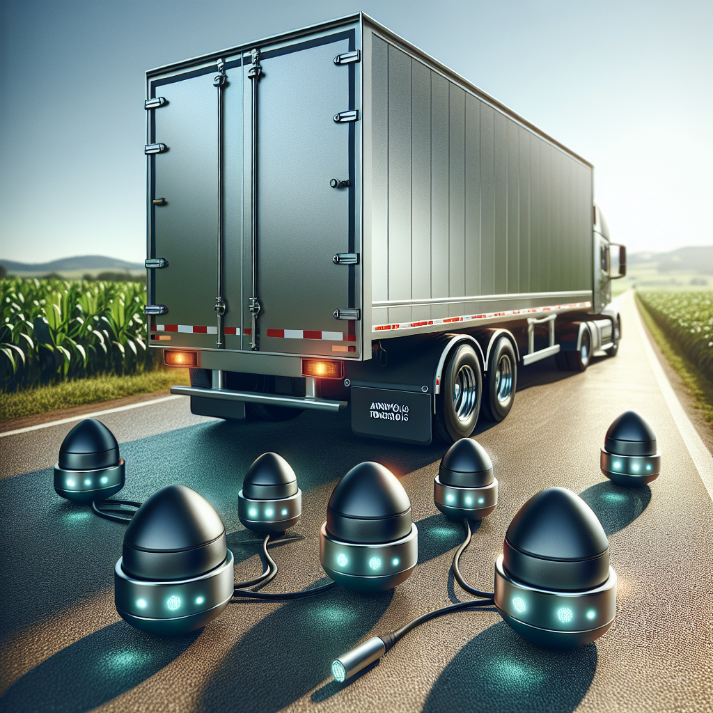 A TST Tire Pressure Monitoring System displayed on a trailer with sensors in a scenic landscape.