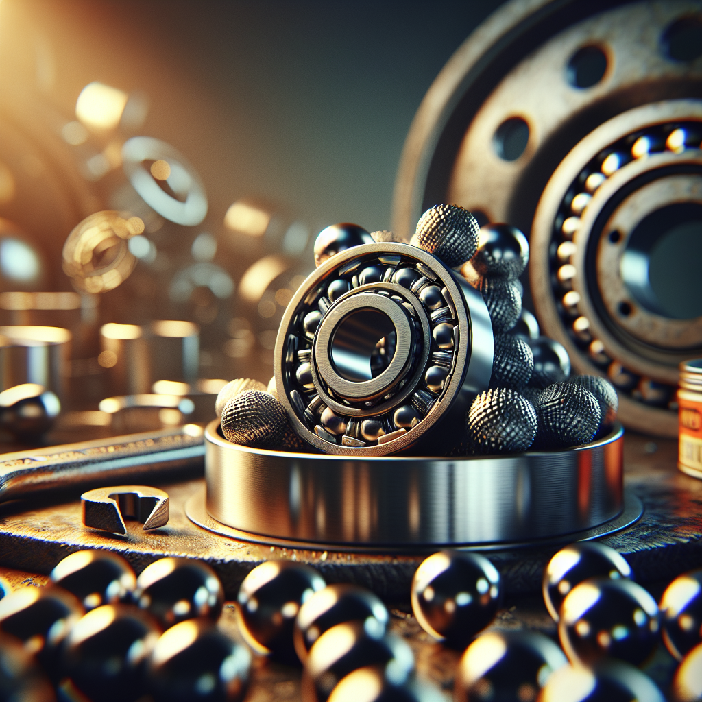 Close-up of ball and roller trailer wheel bearings on a mechanic's workbench.