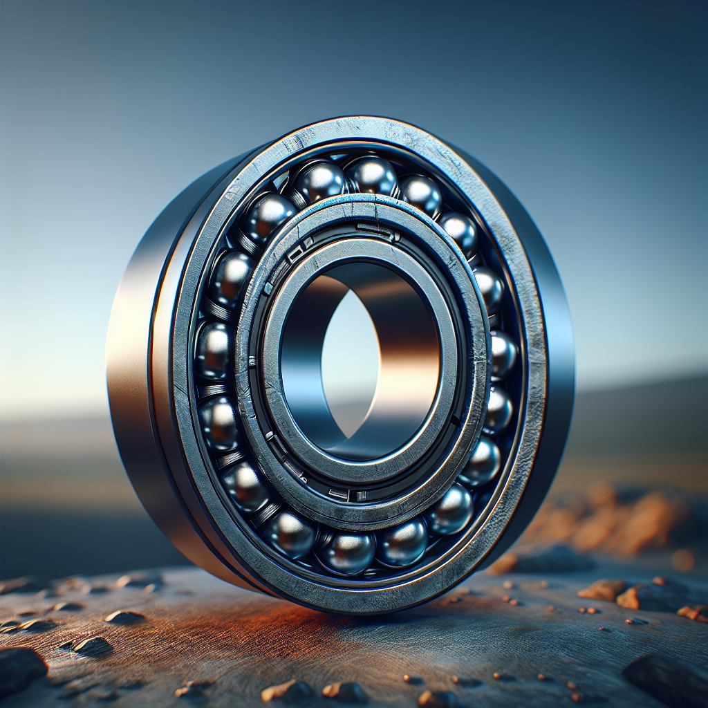 A close-up view of a wheel bearing with a rugged terrain in the background.