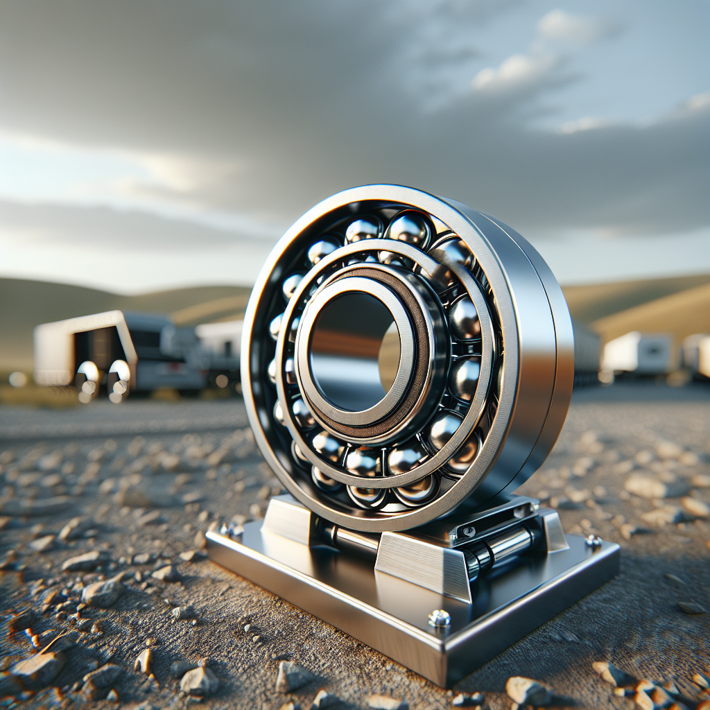 A close-up of a high-quality trailer wheel bearing with a blurred landscape in the background.