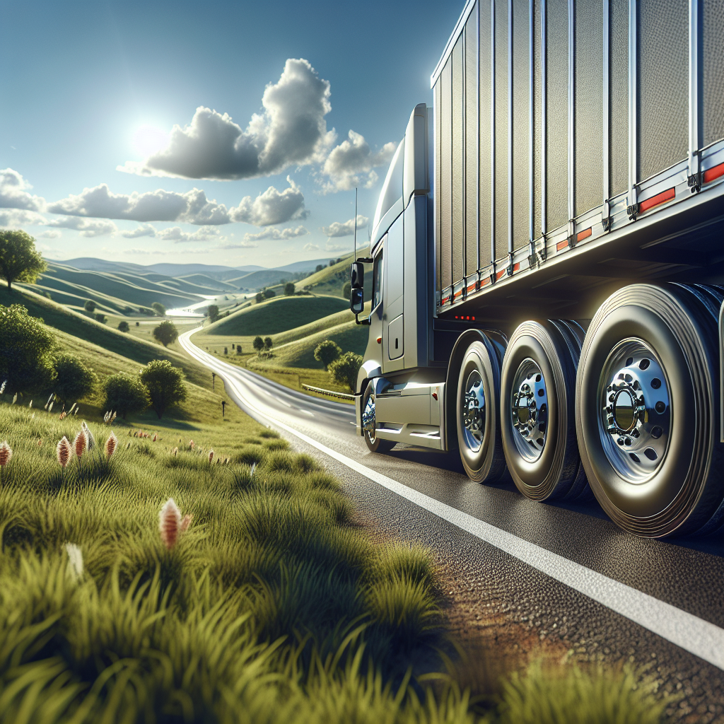 A trailer on a scenic highway showcasing its tires and surrounding landscape.