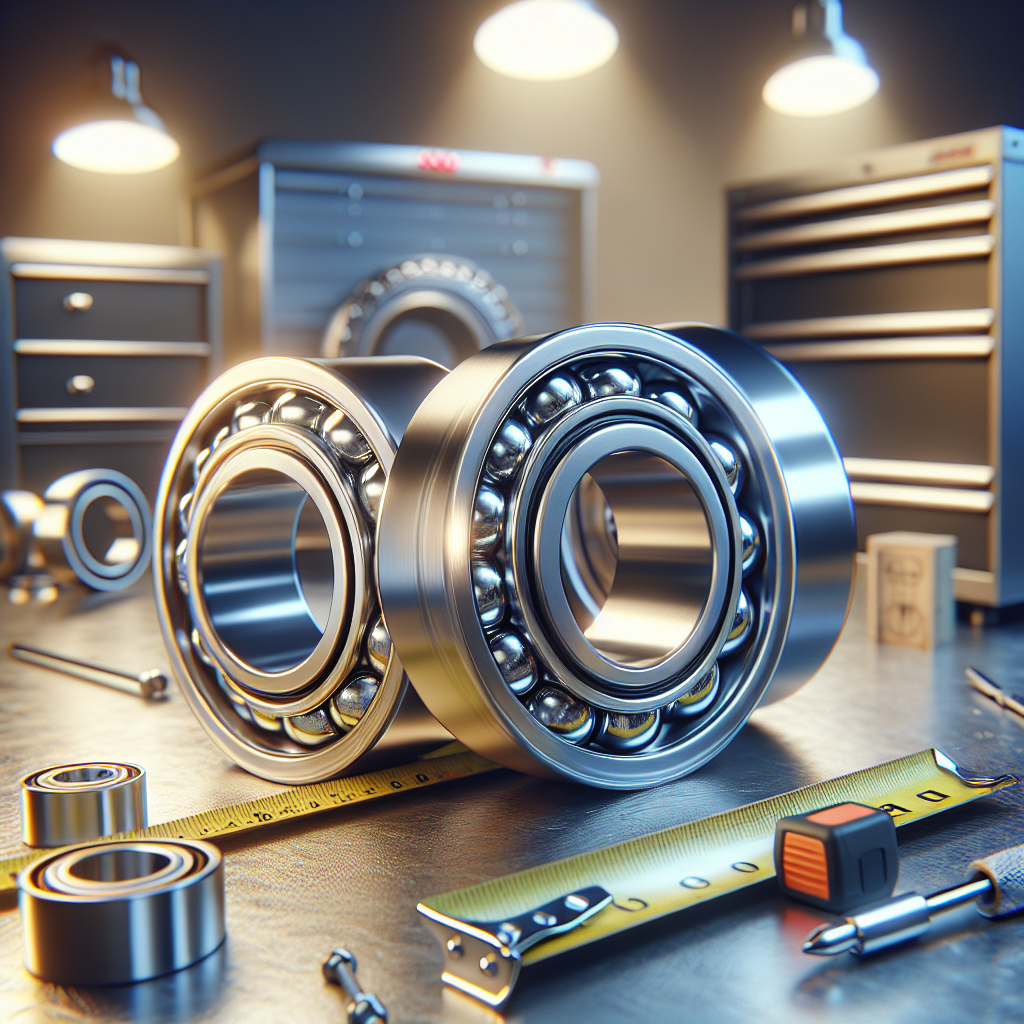 High-quality trailer wheel bearings displayed on a workbench next to tools and a blurred trailer in the background.
