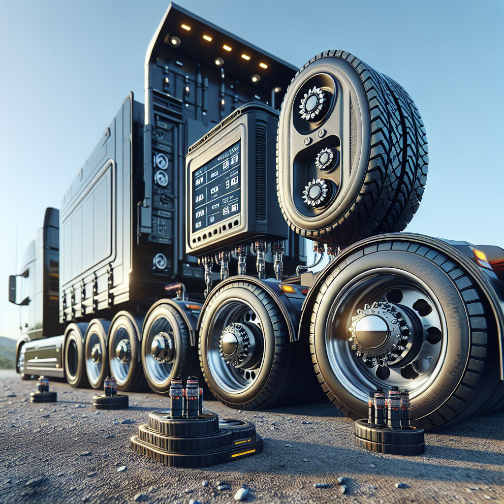 A trailer tire pressure monitoring system showing sensors on tires and a digital display.