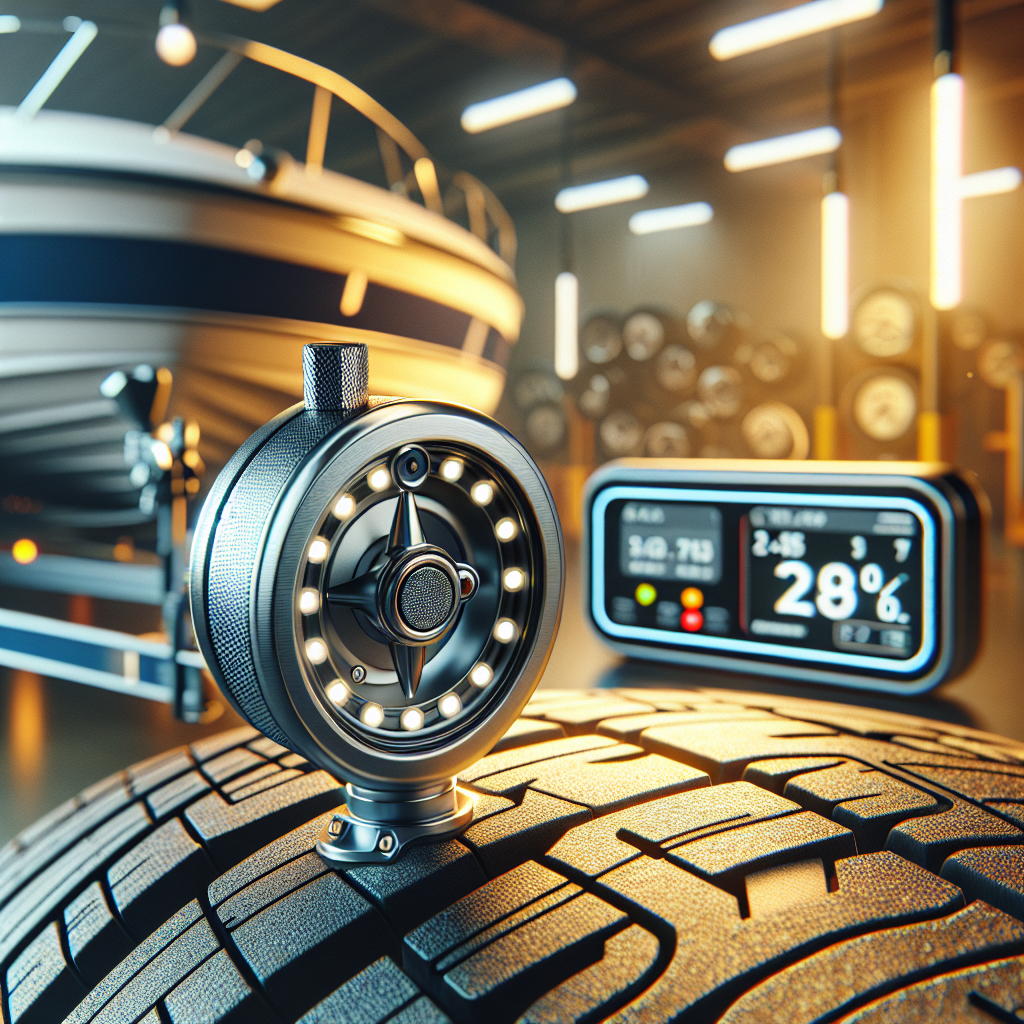 Close-up of a high-tech tire pressure monitoring system for a boat trailer.