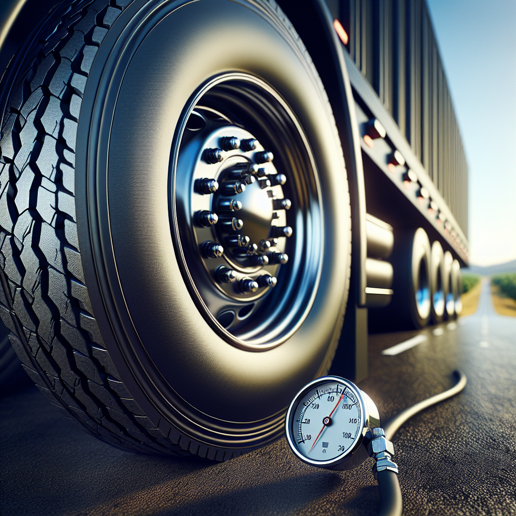 A close-up of a trailer tire with a pressure gauge beside it.