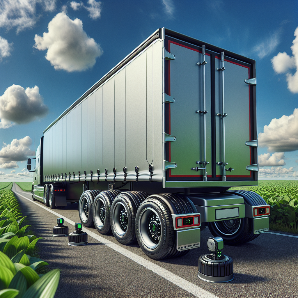 A trailer with visible tire pressure monitoring sensors parked on a road surrounded by green fields.