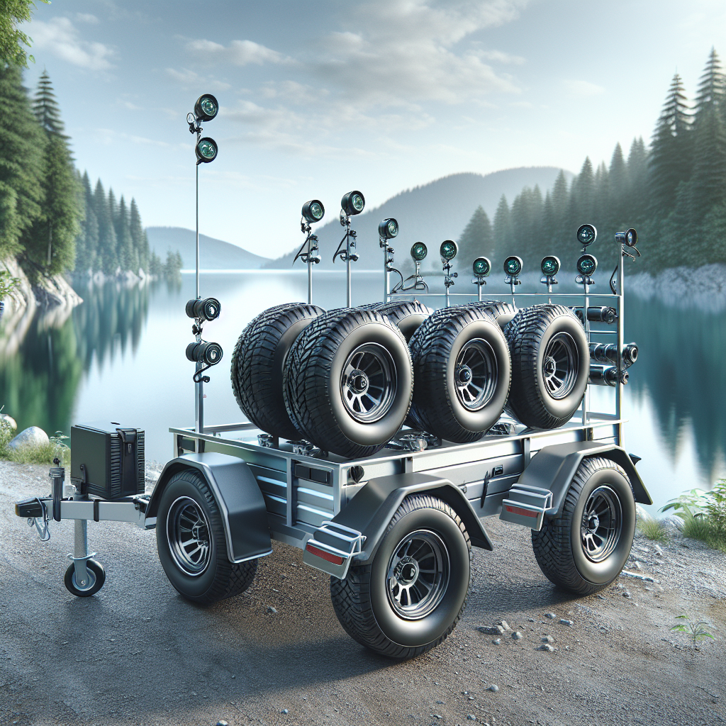 A boat trailer with a tire pressure monitoring system parked by a tranquil lake.