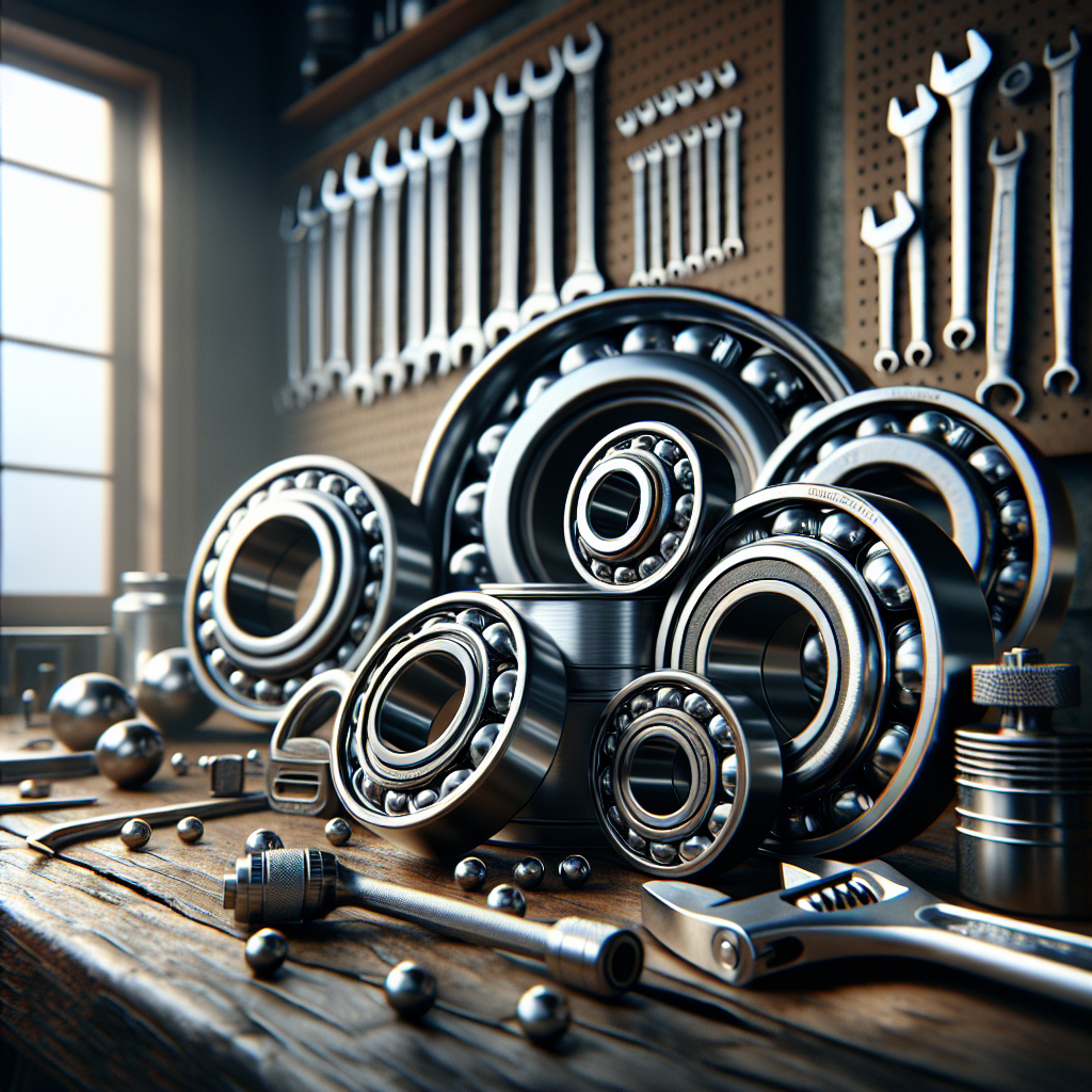 High-quality trailer wheel bearings on a workbench in a workshop setting.