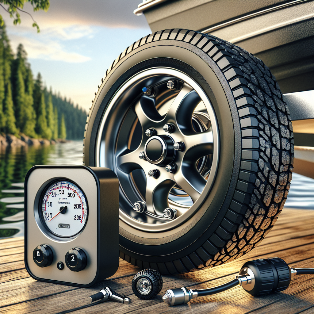 A tire pressure monitoring system for a boat trailer, featuring a close-up of a tire and sensor, with a scenic lakeside in the background.