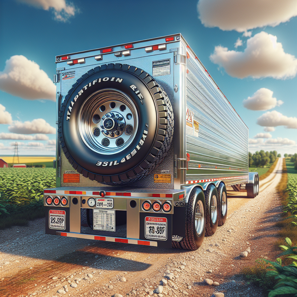 A trailer with clear visibility of its tires, set in a sunny rural landscape.