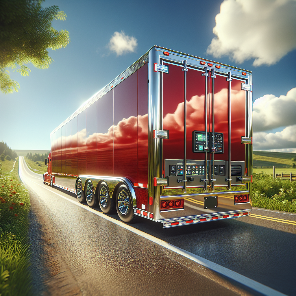 A red trailer parked on a highway with visible tires and a TPMS display inside.