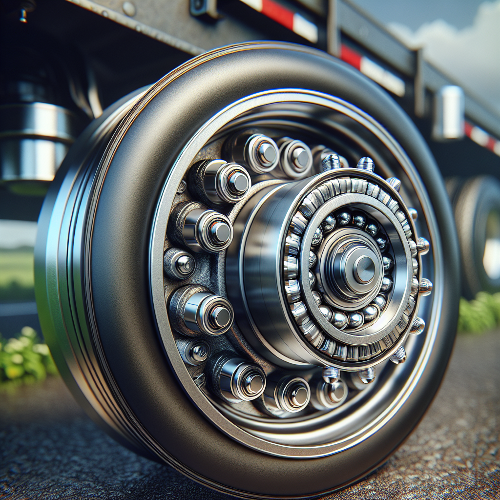 A detailed image of a trailer wheel assembly focusing on wheel bearings.