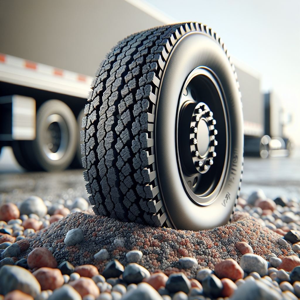 A close-up view of a C-rated trailer tire on a gravel surface.