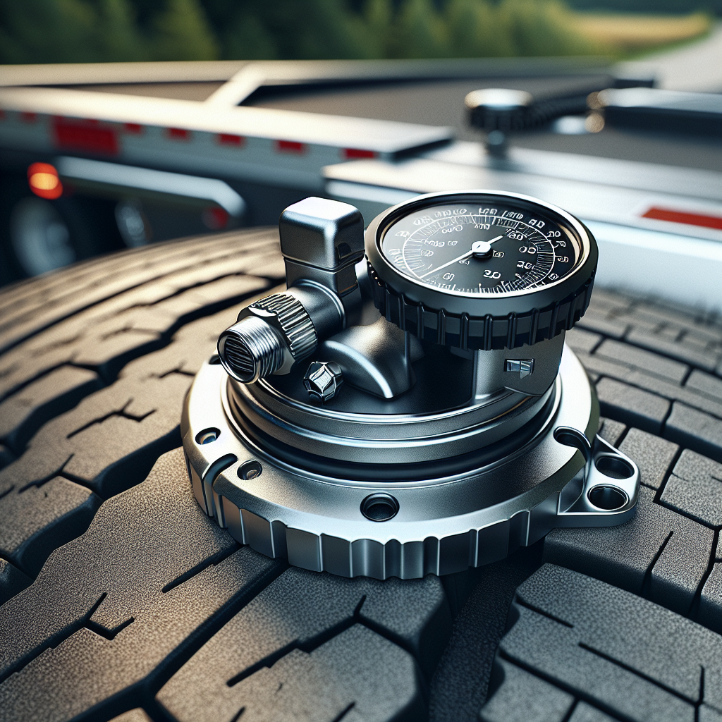 A close-up of a tire pressure monitoring system sensor on a vehicle tire.