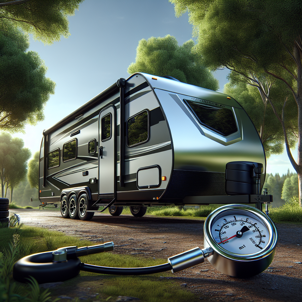 A camper trailer at a campsite with a tire gauge on the ground.